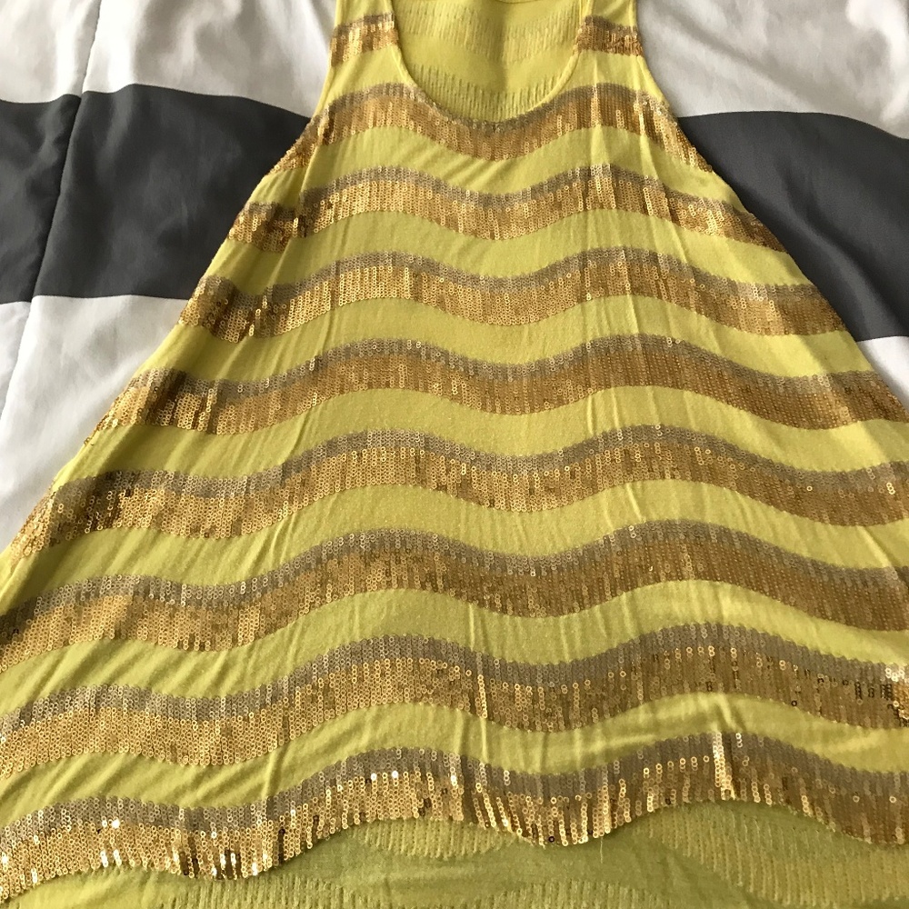 BEBE Yellow Sequin Stripe Racerback Tank